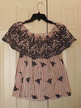 ENTRO Romantic Boho Blouse Stripe Floral Embroidered Boho On Off Shoulder Small